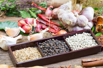 black pepper ,white pepper and ingredient  on wood background concept for herb and spices background