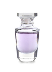 Female perfume in beautiful bottle on white background