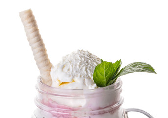 Fruit dessert with ice cream close-up