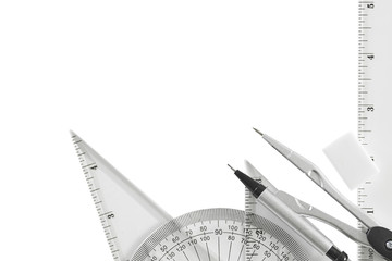 Geometry set with compass, ruler and protractor