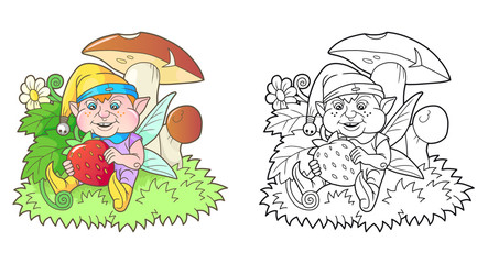 Cartoon funny elf about to eat a berry
