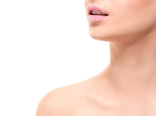 Woman with sugar lips on white background