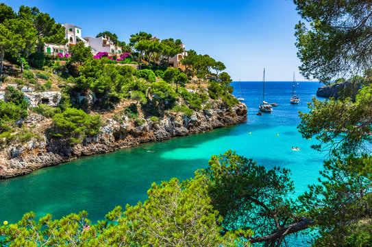 Picturesque seascape bay with boats, Spain Mediterranean Sea, Balearic Islands