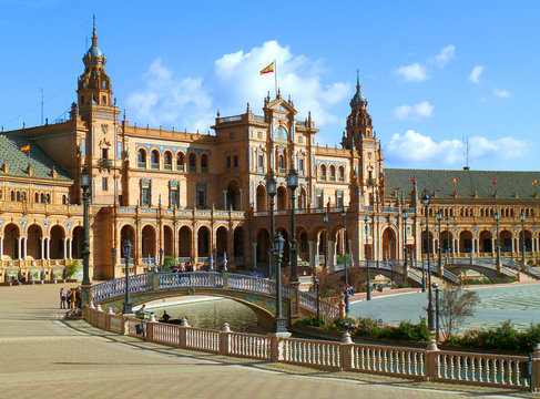 Stunning Architecture of Plaza de Espana under the Blue Sky, Seville, Spain 