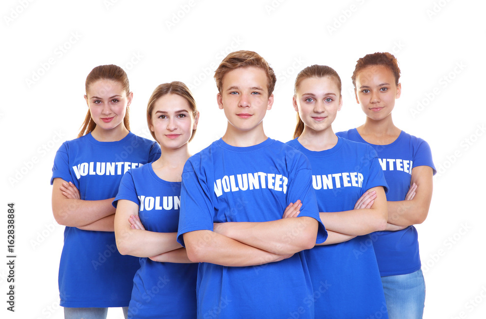 Sticker Group of young volunteers on white background