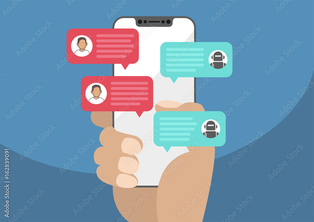 Poster man holding bezel-free / frameless smartphone in hand and chatting with chat bot robot. chat message