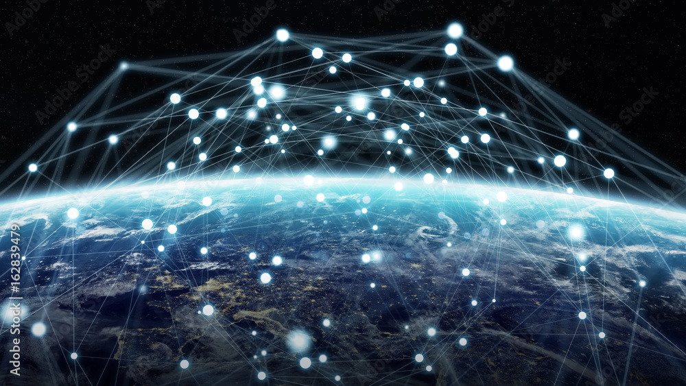 Aufkleber Global network and datas exchanges over the planet Earth 3D rendering