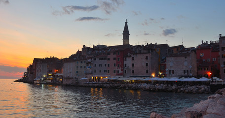 Evening view of Rovinj old town  peninsular  with the Church of St. Euphemia  on the Adriatic Coast  Line Istria Croatia.
