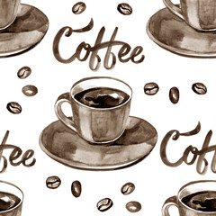 Hand painted watercolor illustration with cup of espresso. Coffee seamless pattern