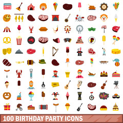 100 birthday party icons set, flat style