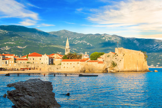 BUDVA, MONTENEGRO - JULY 10: Beautiful view of the old town of Budva and the bell tower of the Church of St. John on July 10, 2016 in Budva.