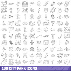 100 city park icons set, outline style