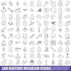 100 history museum icons set, outline style