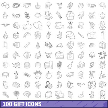 100 gift icons set, outline style
