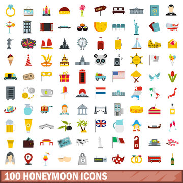 100 honeymoon icons set, flat style