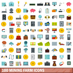 100 mining farm icons set, flat style