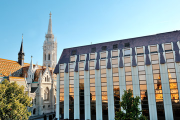 Budapest, Hungary - St.Matthias church and a modern building