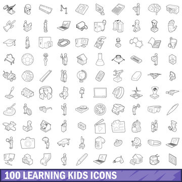 100 learning kids icons set, outline style