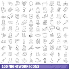 100 nightwork icons set, outline style
