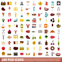 100 pub icons set, flat style