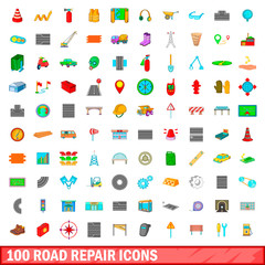 100 road repair icons set, cartoon style