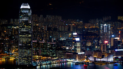 Hong Kong night skyline. World business and finance beautiful landmark view