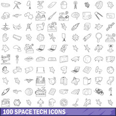 100 space tech icons set, outline style