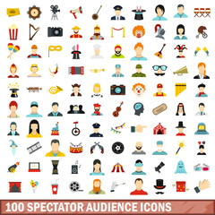 100 spectator audience icons set, flat style