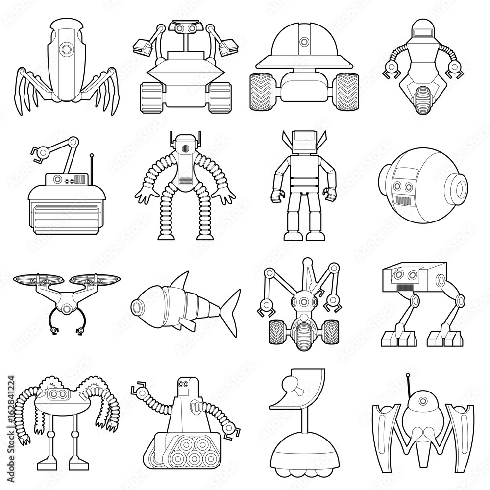 Poster robot forms icons set, outline style