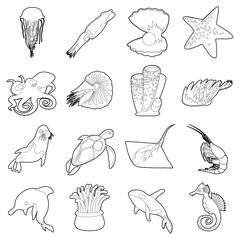 Ocean animals fauna icons set, outline style