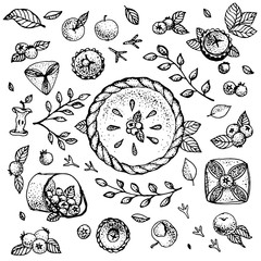Vector clipart with blueberries, cakes, pie, leaves, bird tracks and apples
