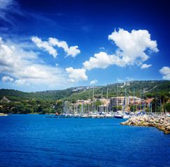 seascape with clear calm mediterranean sea waters with yachts and sunner sky, Martigues, Provence, Cote dAzur, France, retro toned