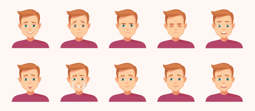 set of Avatars with expression. Joy, laughter, sorrow, sadness, anger, rage, surprise, shock, crying - stock vector illustrations isolated from background