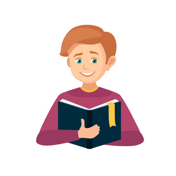 boy reading a book, reading boy smiling. the character holds in his hands an open book. vector illustration isolated from background