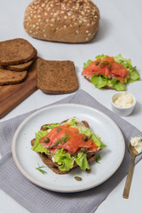 Salmon sushi on the bread and salad