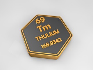 Thulium - Pm - chemical element periodic table hexagonal shape 3d render