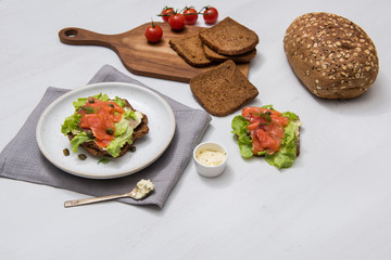 Salmon sushi on the bread and salad