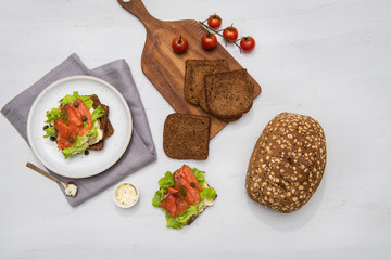 Salmon sushi on the bread and salad