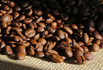 Coffee beans on the cloth.