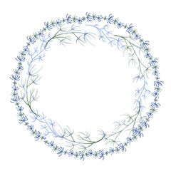 Wreath circle watercolor illustration of blue leaves of a branch