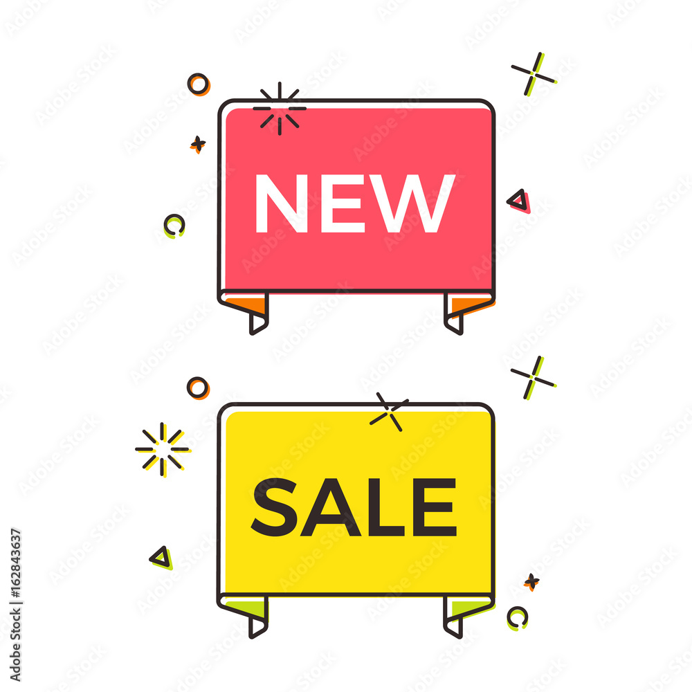 Aufkleber Set of trendy flat ribbon banner with text for new sales. Retro design style with vintage shape in red and yellow colors