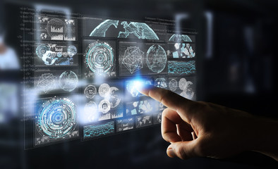 Businessman using digital screens with holograms datas 3D rendering