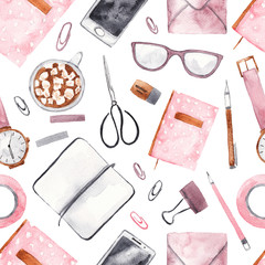 Seamless pattern with office business stationery. Notebook, tablet, glasses, coffee cup, envelope, pen, pencil. Watercolor background