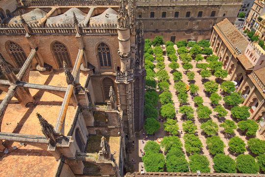 S&eacute;ville, la cour des orangers et la cath&eacute;drale vues de la Giralda