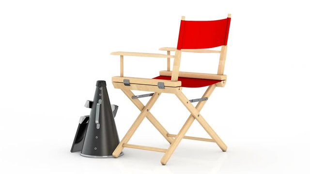 Cinema Industry Concept. Red Director Chair, Movie Clapper and Megaphone Rotating on a white background.