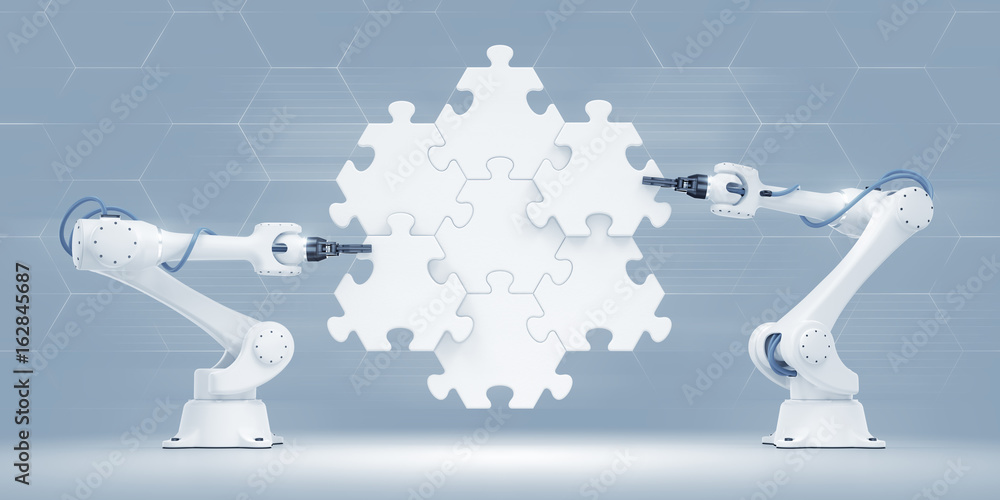 Poster action show of robotic manipulators. 3d rendered graphic composition on the subject of industrial ro
