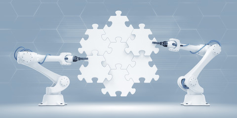 Action Show Of Robotic Manipulators. 3d rendered graphic composition on the subject of Industrial Robotics.