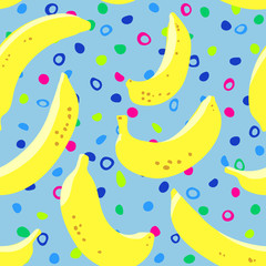 Banana seamless pattern. Yellow banana fruits on colorful background. Trendy freehand drawing illustration