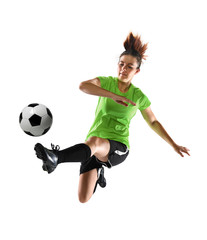 Obraz premium Female Soccer Player Kicking Ball