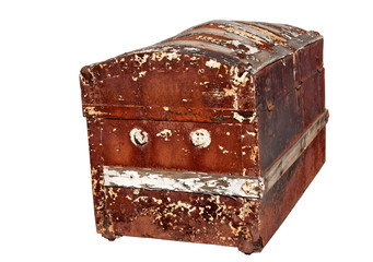 Ragged, vintage, dilapidated chest. Isolated.